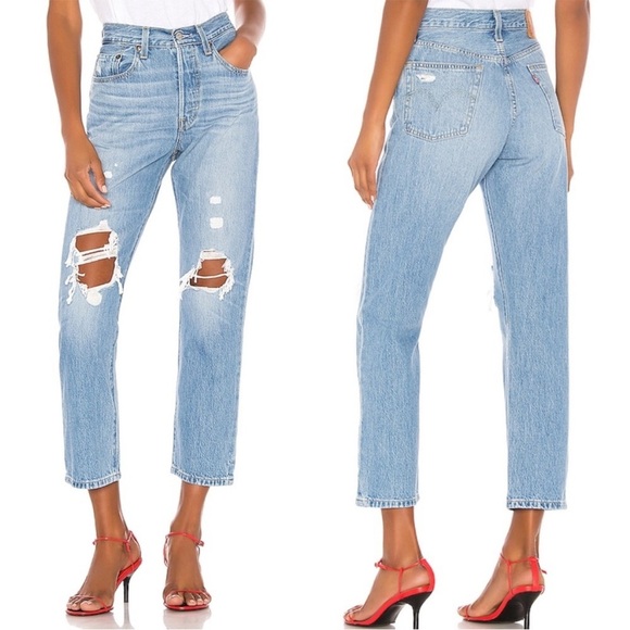 Levi's Pants - Levi's 501 Skinny Premium Light Wash Button Fly Straight Leg Distressed Denim 28